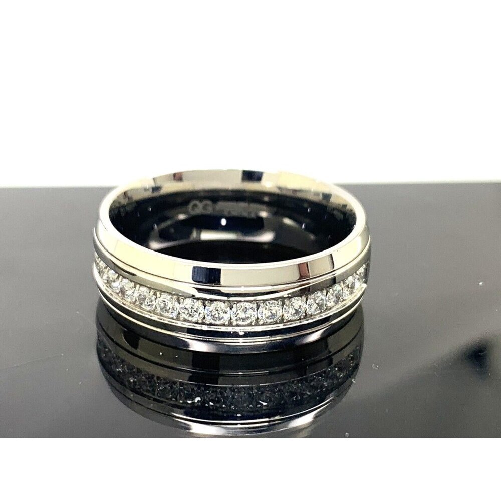 Men's Wedding Band Cubic Zirconia Silver Stainless Steel 8mm Wide Size 11